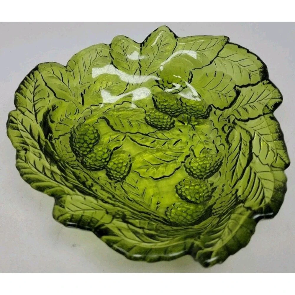 Vintage Indiana Glass Bowl Loganberry Olive Green Texture Berries Leaves Dish 7”